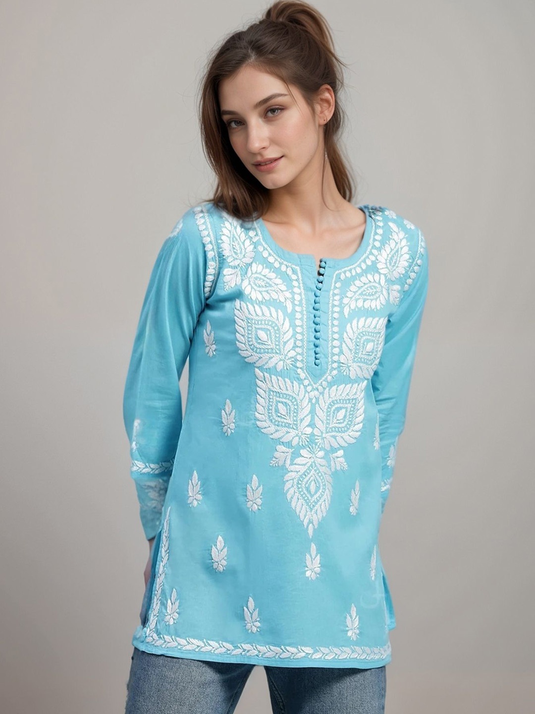 

Vama Heritage Floral Embroidered Notch Neck Short Kurti, Turquoise blue