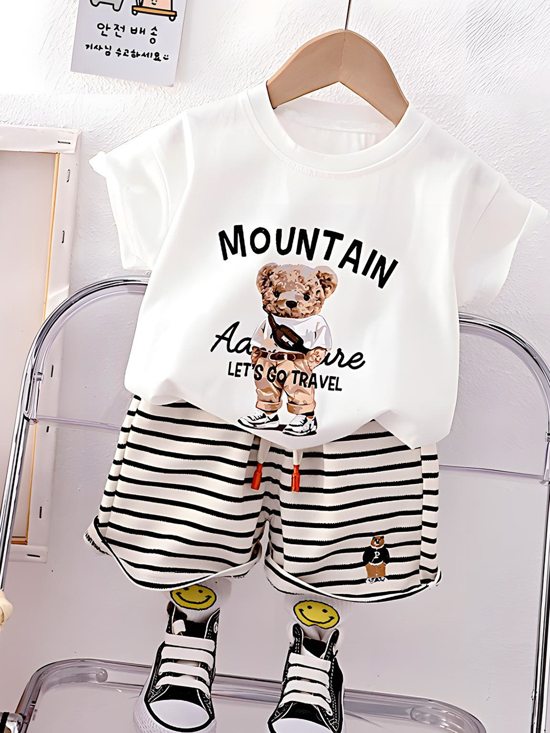 

BAESD Kids Teddy Bear Printed Round Neck Pure Cotton T-Shirt With Shorts, White