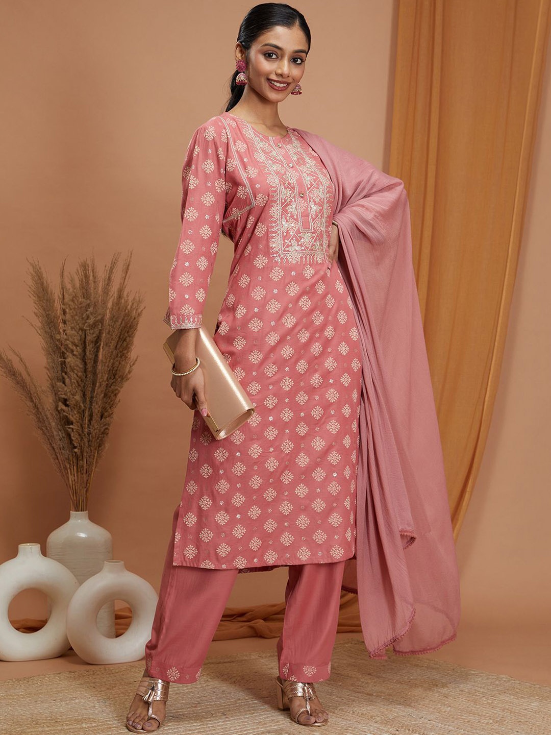 

Nayam By Lakshita Ethnic Motifs Embroidered Cotton Straight Kurta with Palazzos & Dupatta, Pink