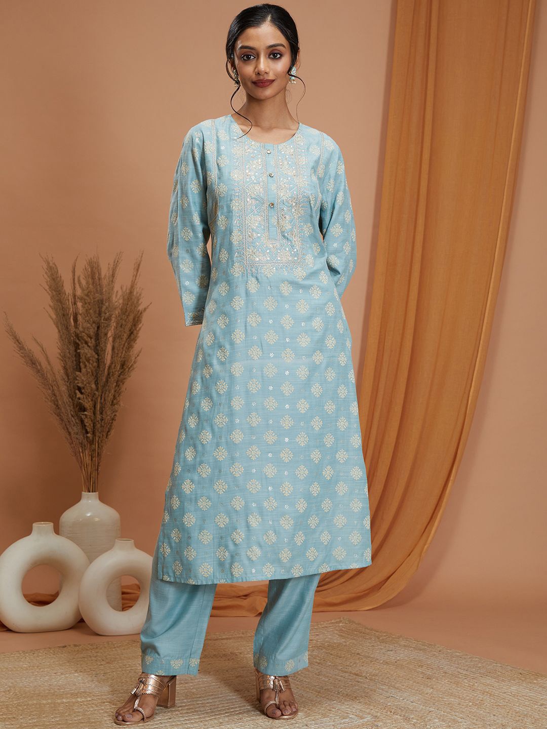 

Nayam By Lakshita Ethnic Motifs Embroidered Cotton Straight Kurta with Palazzos & Dupatta, Blue