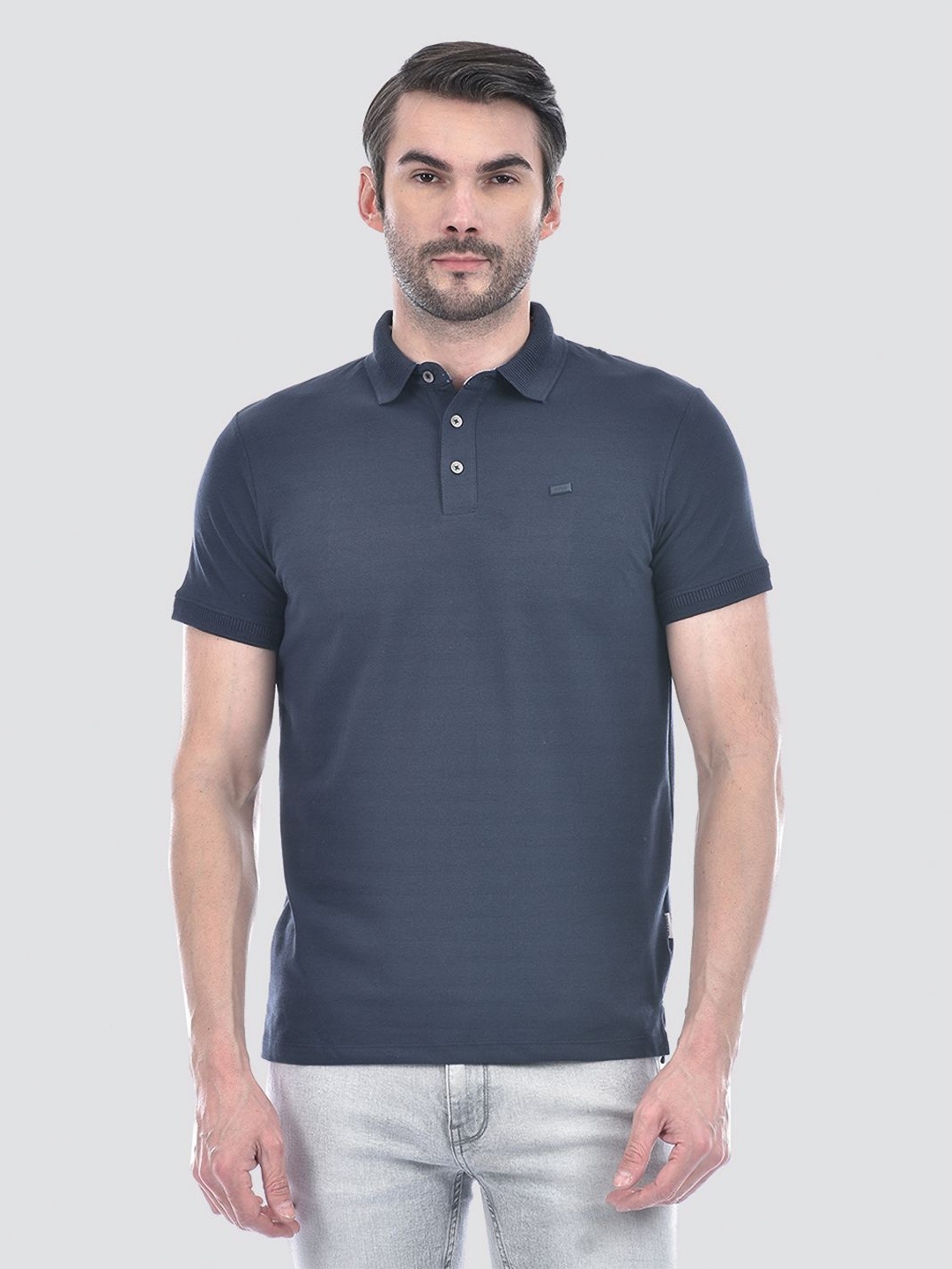 

Jack & Jones Men Solid Polo Collar Cotton Slim Fit T-shirt, Navy blue