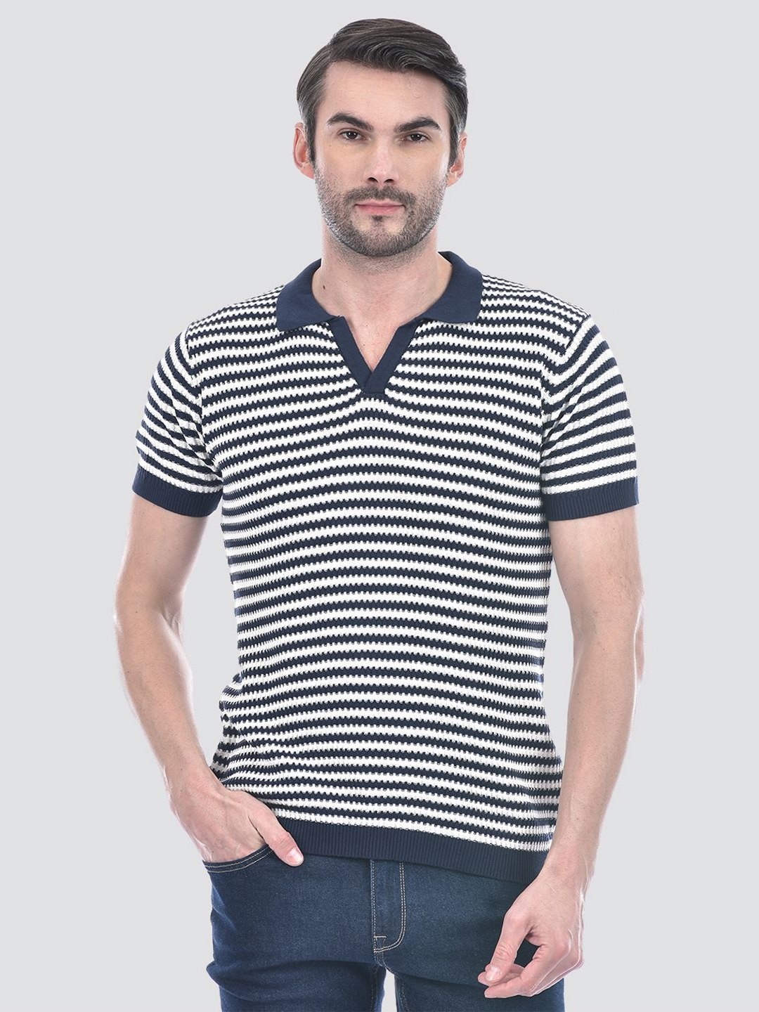 

Jack & Jones Men Striped Polo Collar Slim Fit T-shirt, Navy blue