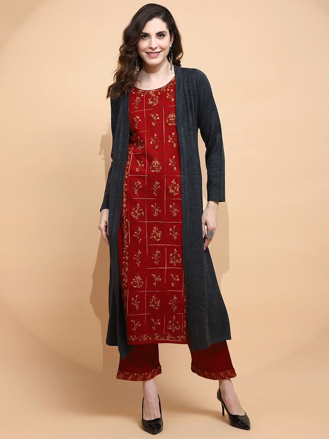 

Me&I Round Neck Floral Embroidered Woollen Straight Kurta With Shrug, Maroon