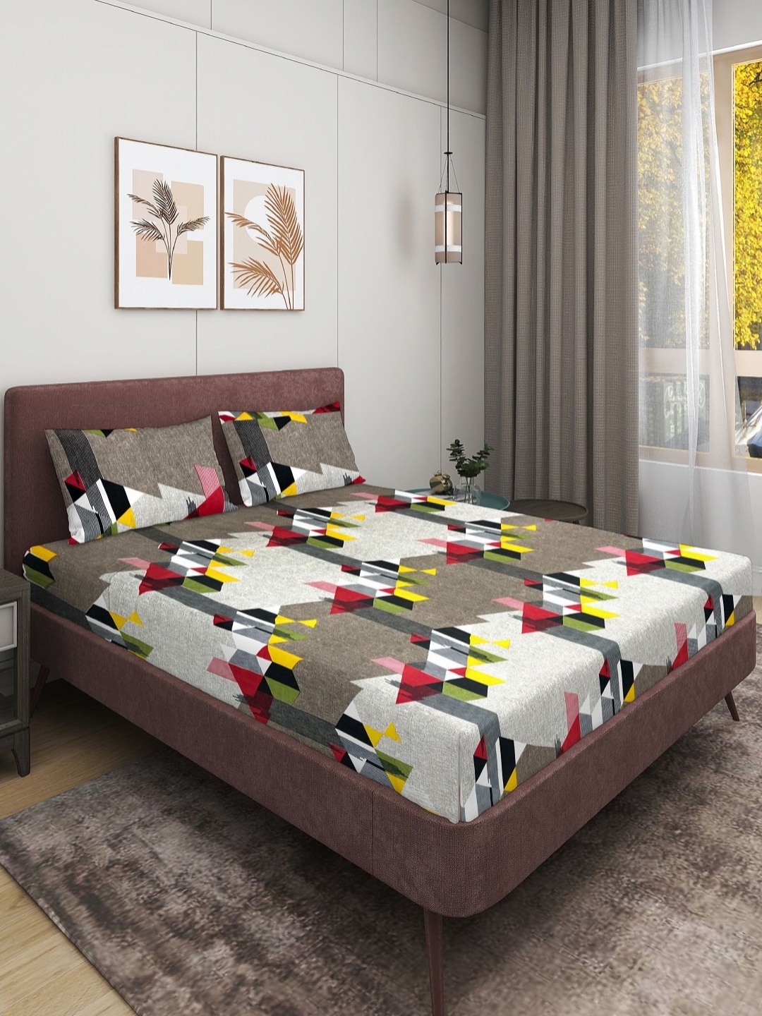 

Aura Beige and Silver Geometric Printed Microfiber 144 TC Queen Bedsheet 2.24 m x 2.42 m, Grey