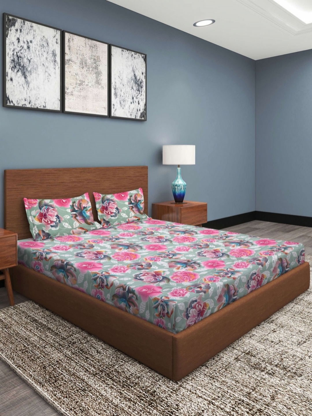 

Aura Green & Pink Floral 186 TC Cotton Queen Bedsheet Set 2.29 m x 2.54 m