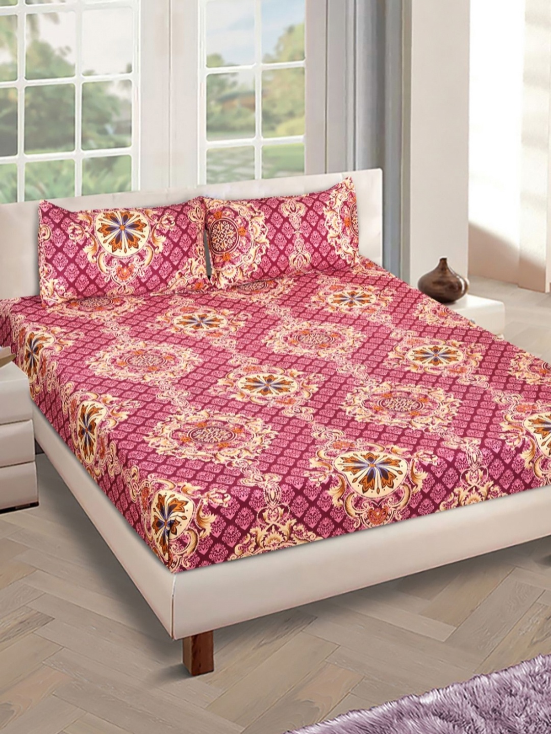 

Aura Maroon And Yellow Floral Printed 160 TC Queen Bedsheet Set 2.24 m x 2.42 m