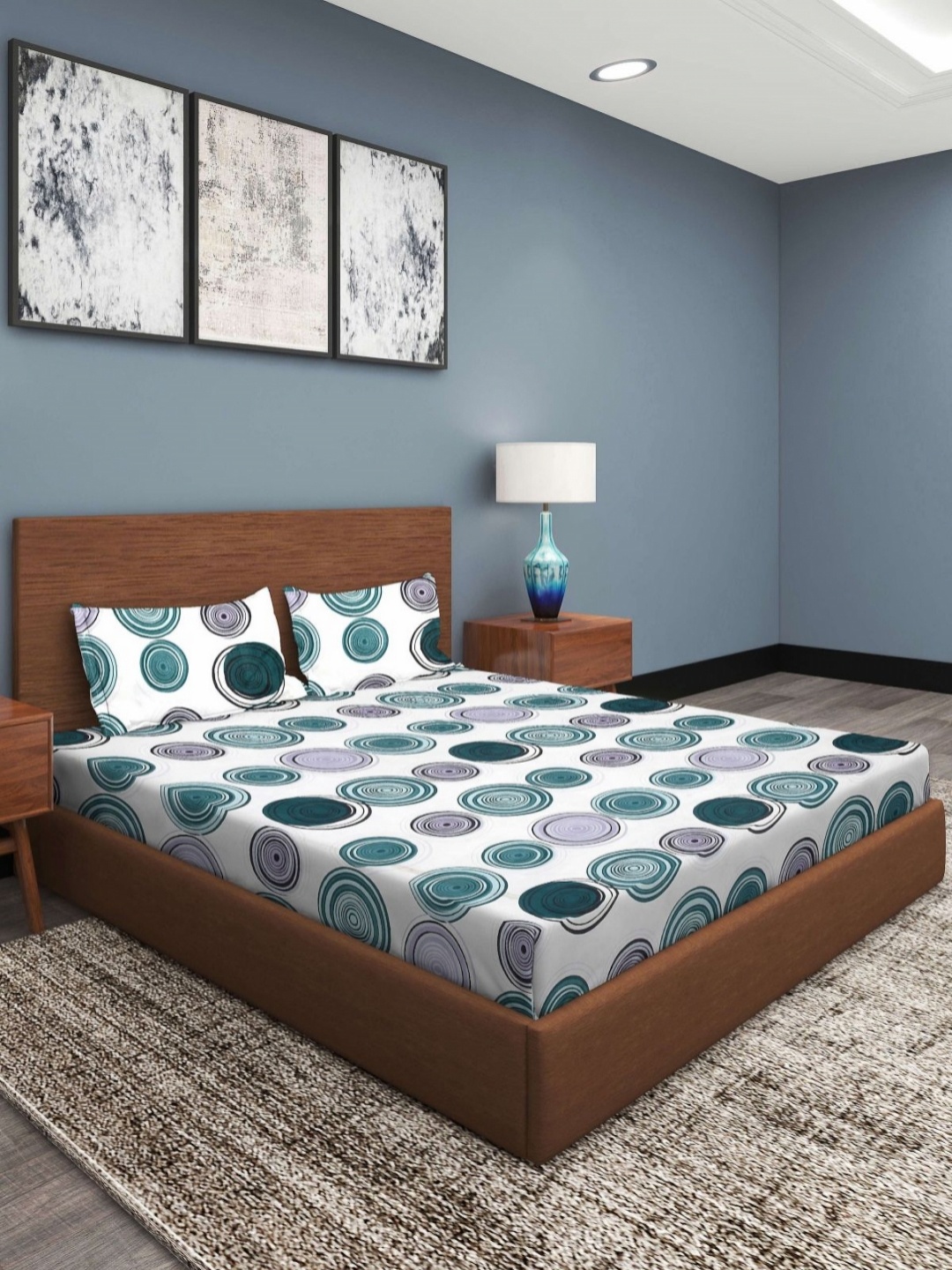 

Aura White & Teal Green Geometric Printed Cotton 186 TC Queen Bedsheet Set 2.29 m x 2.54 m