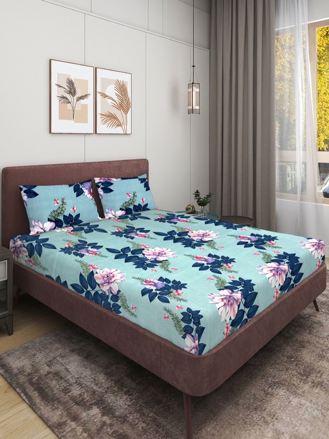 

Aura Blue Floral Printed Microfiber 160 TC Queen Bedsheet Set-2.24 m x 2.42 m