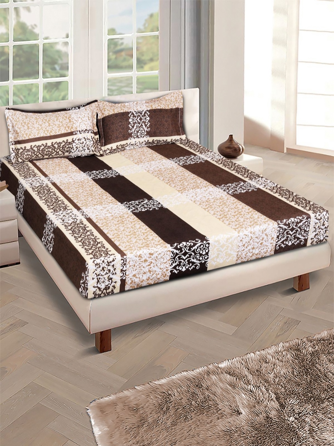 

Aura Beige And Brown Printed Microfiber 160 TC Queen Bedsheet Set 2.54 m x 2.29 m