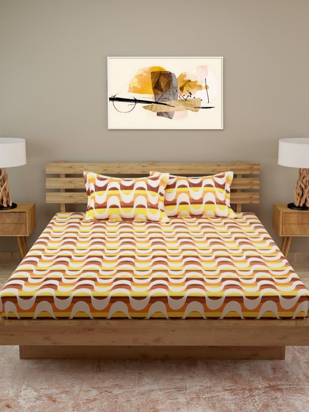 

Aura Pink Abstract 160 TC Queen Bedsheet with 2 Pillow Covers, Yellow