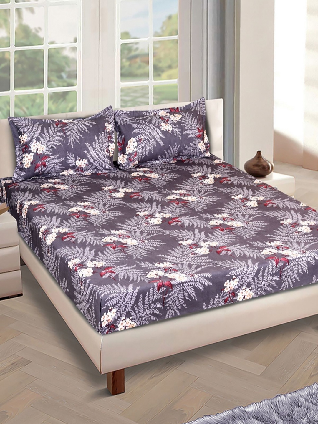 

Aura Grey & White Floral Printed 210 TC King Bedsheet Set 2.69 m x 2.69 m