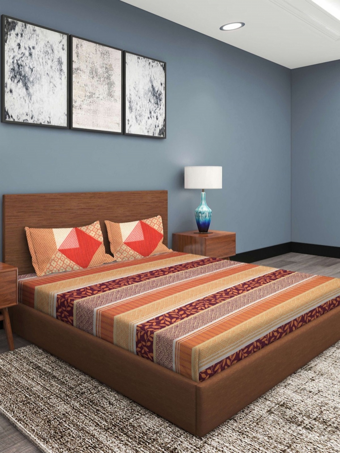 

Aura Beige & Orange Striped Printed 210 TC King Bedsheet Set 2.54 m x 2.74 m