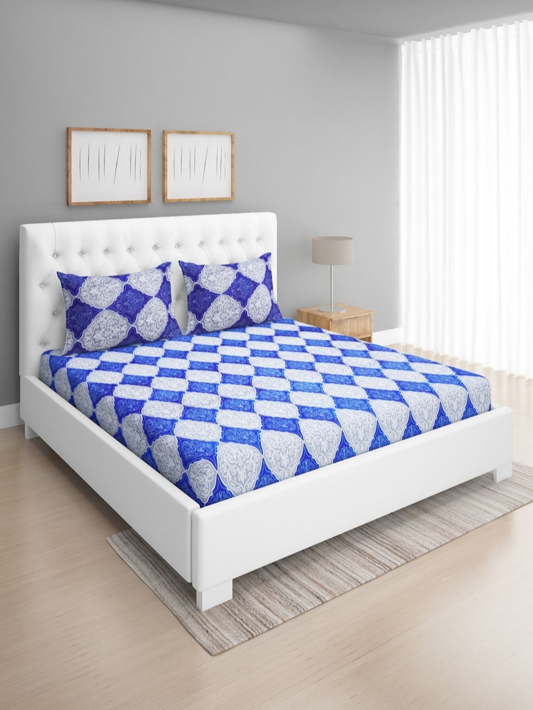 

Aura Blue & White Geometric 160 TC Queen Bedsheet with 2 Pillow Covers-2.25 m x 2.5 m