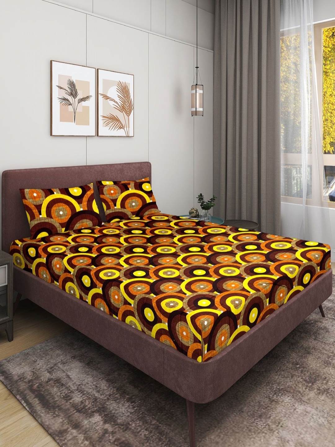 

Aura Beige & Silver Geometric 160 TC Queen Bedsheet with 2 Pillow Covers, Brown