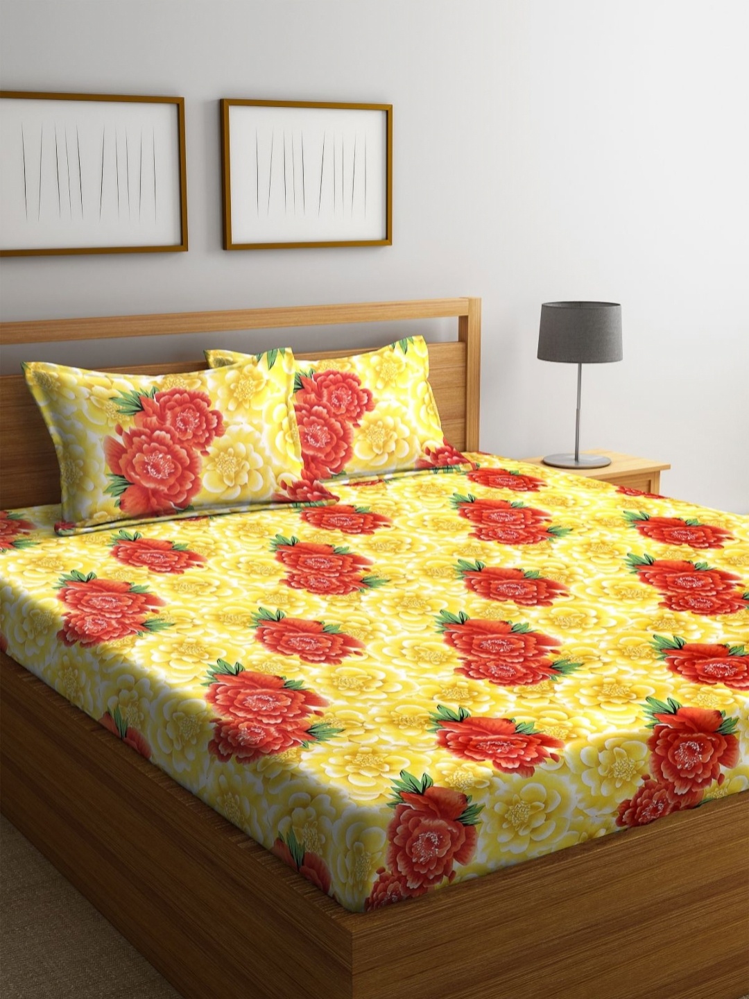 

Aura Grey Floral 160 TC Queen Bedsheet with 2 Pillow Covers 2.24 m x 2.42 m, Yellow