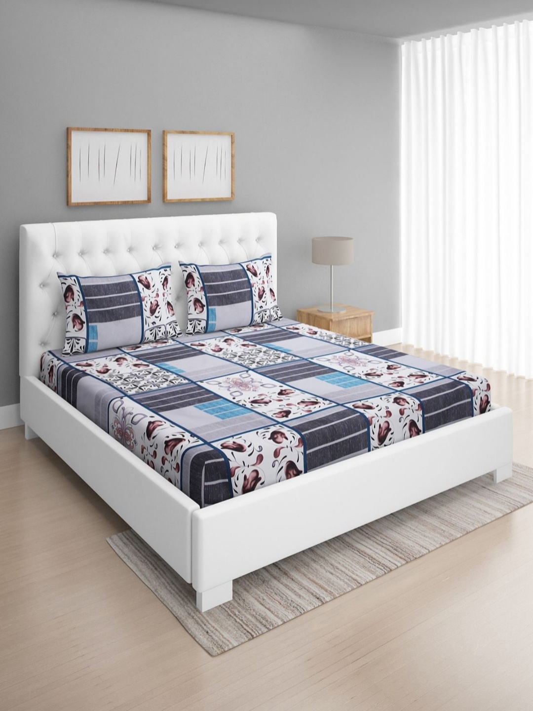 

Aura Geen & Brown Geometric 160 TC Queen Bedsheet with 2 Pillow Covers, Silver