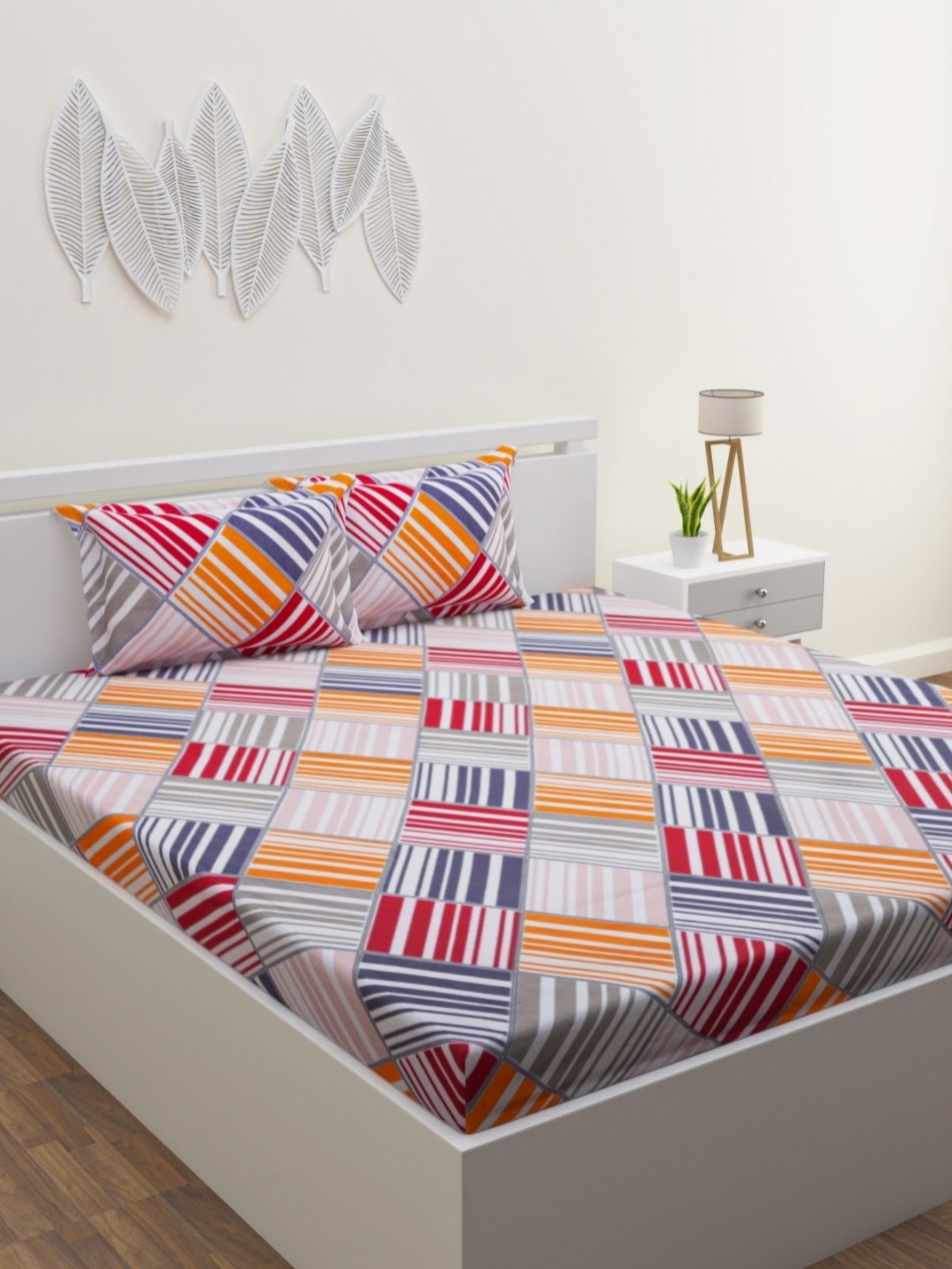 

Aura Multicolor Striped 160 TC Queen Bedsheet with 2 Pillow Covers, White