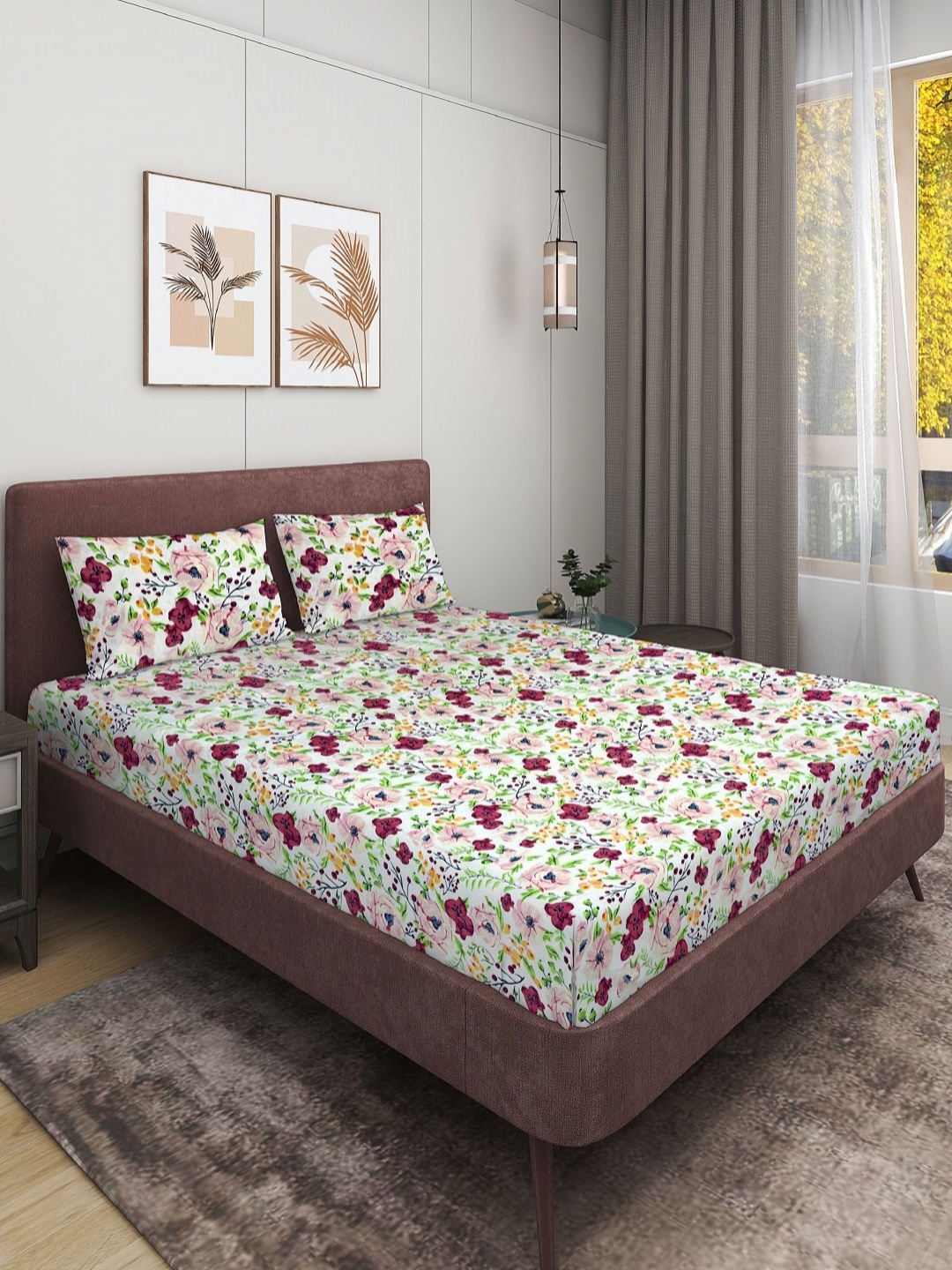

Aura Blue Floral 160 TC Queen Bedsheet with 2 Pillow Covers, White
