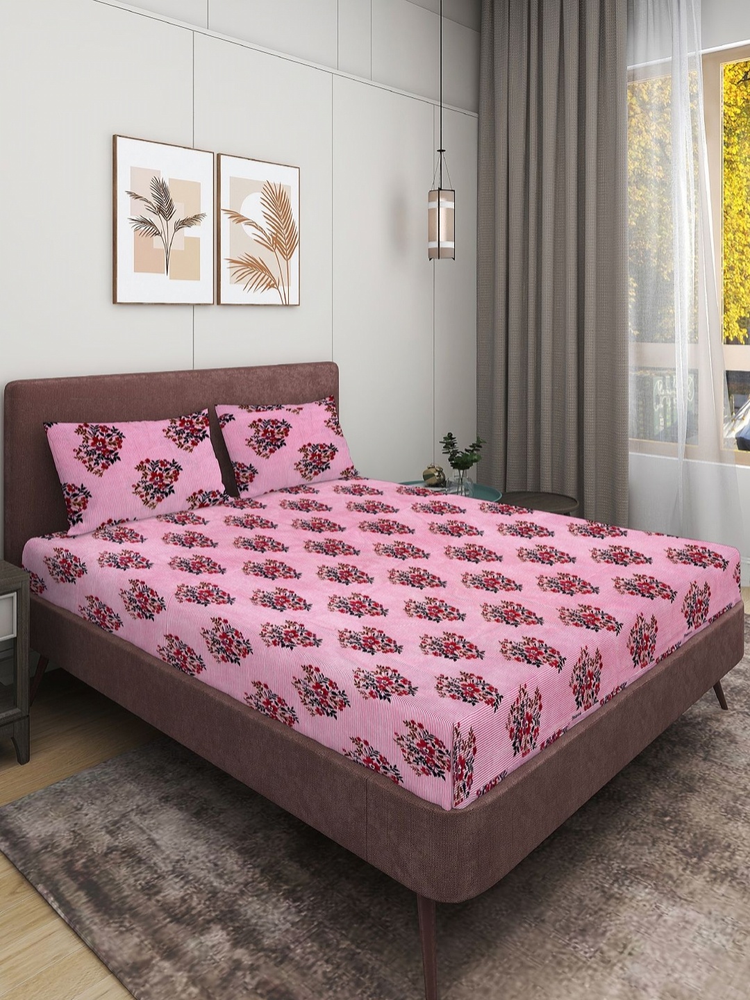 

Aura Blue & White Abstract 160 TC Queen Bedsheet with 2 Pillow Covers, Pink