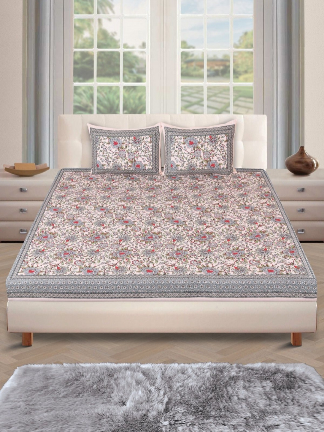 

Aura Beige & Grey Floral Printed Cotton 260 TC King Bedsheet Set 2.74 m x 2.74 m