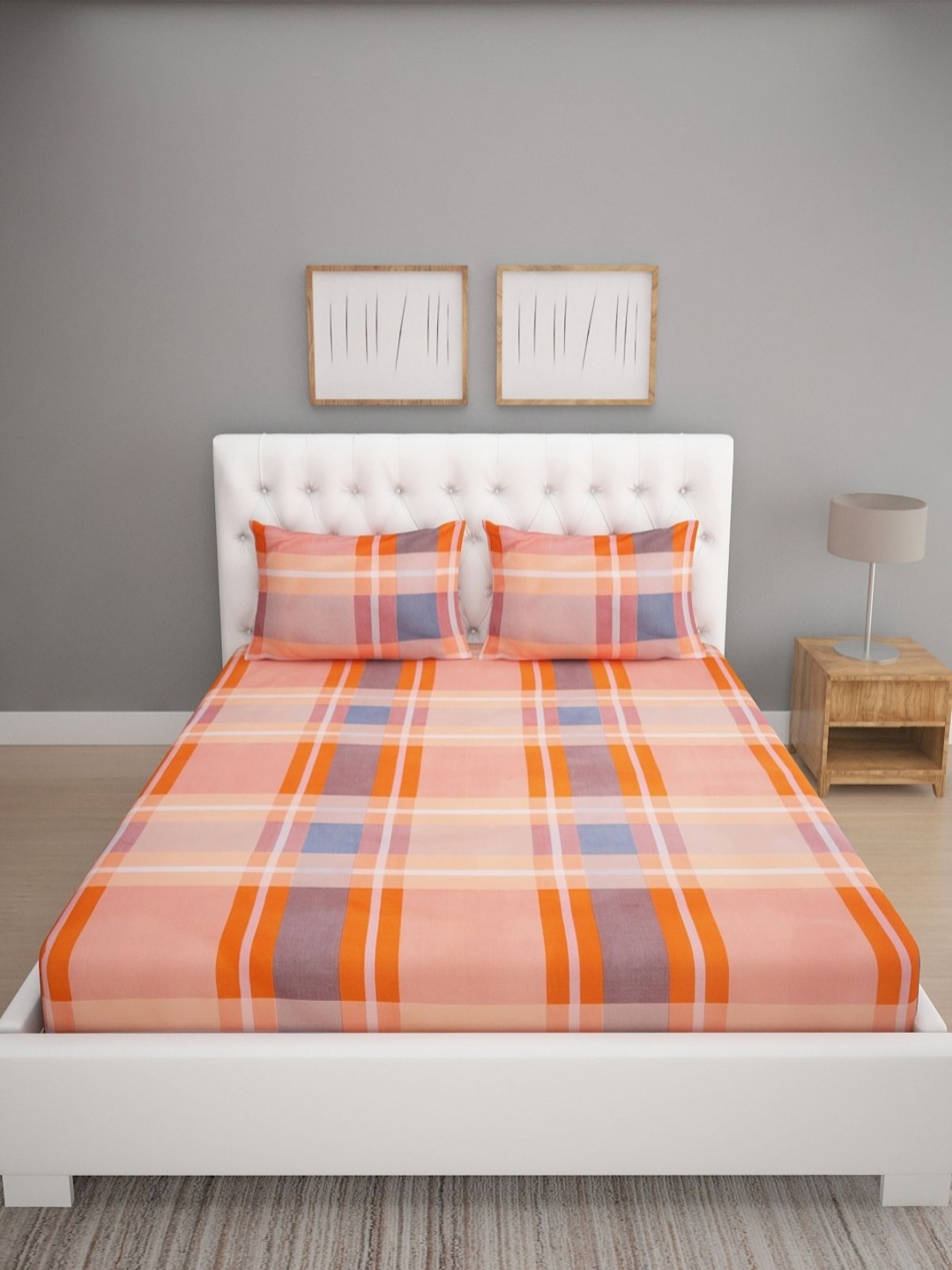 

Aura Peach & Orange Checkered 160 TC Queen Bedsheet with 2 Pillow Covers-2.29 m x 2.54 m