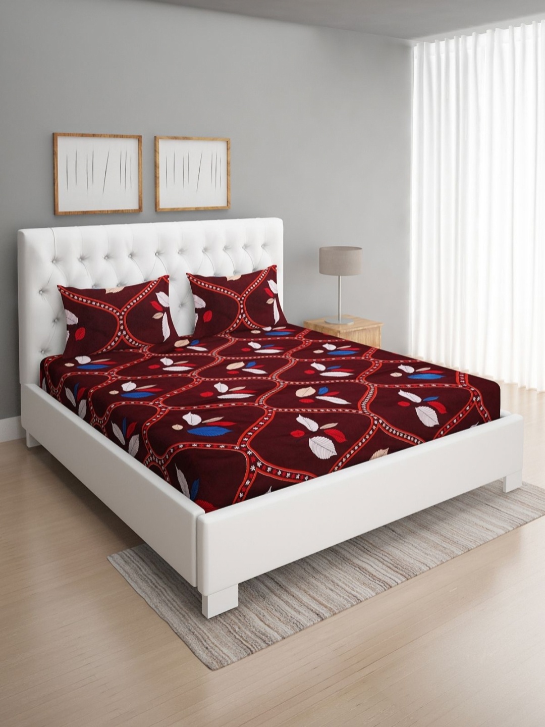 

Aura Maroon Floral 160 TC Queen Bedsheet with 2 Pillow Covers 2.24 m x 2.42 m