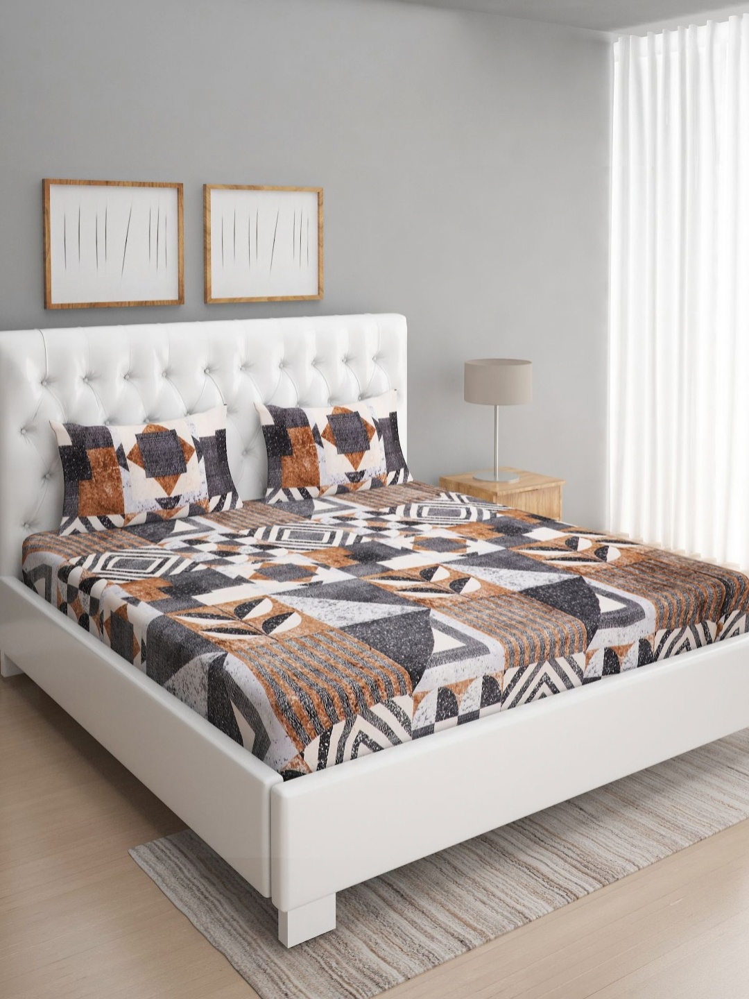 Aura Black Geometric 160 TC Queen Bedsheet with 2 Pillow Covers 2.24 m x 2.42 m