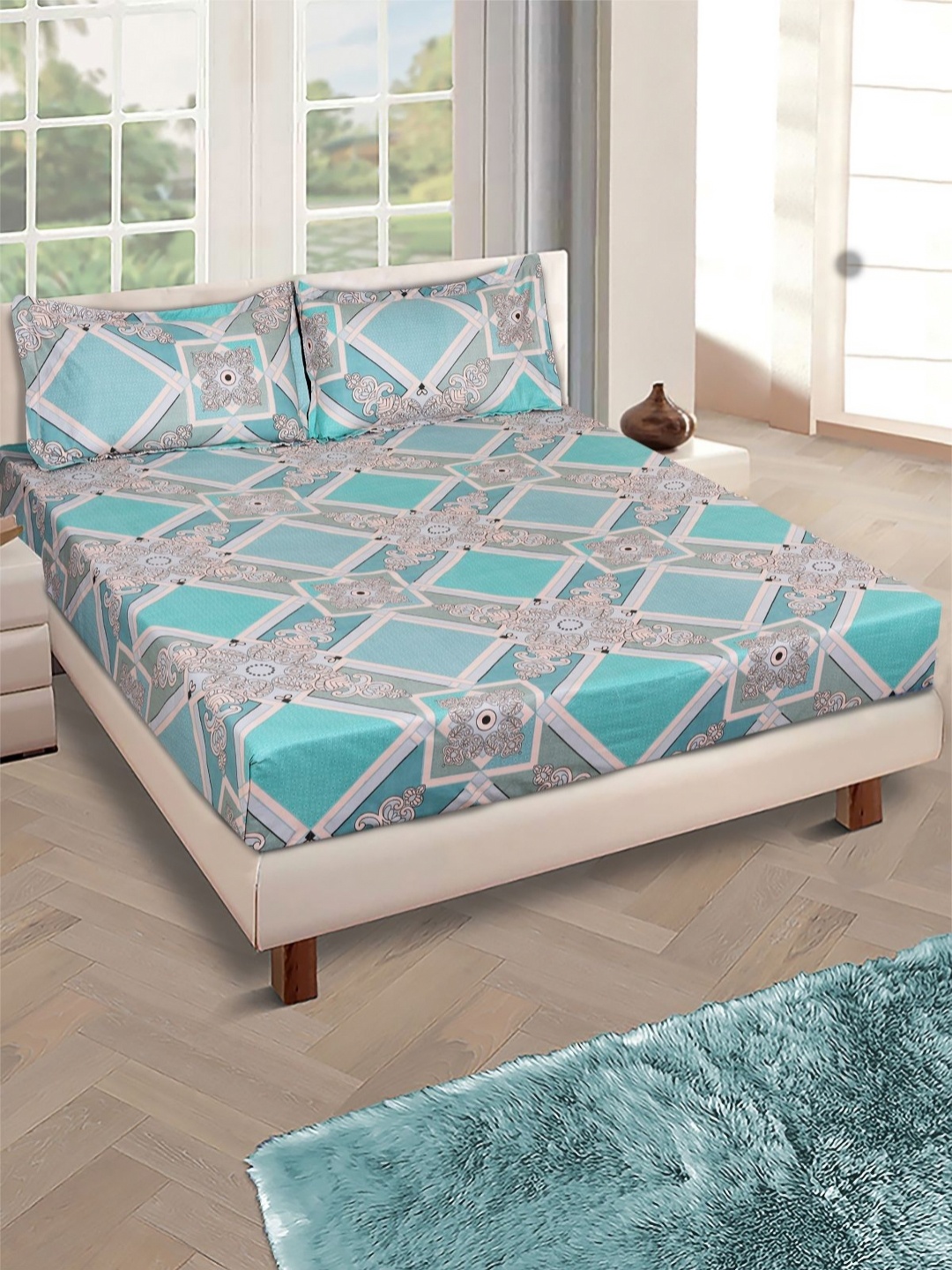 

Aura Sea Green And Grey Geometric Printed 160 TC Queen Bedsheet Set 2.29 m x 2.54 m