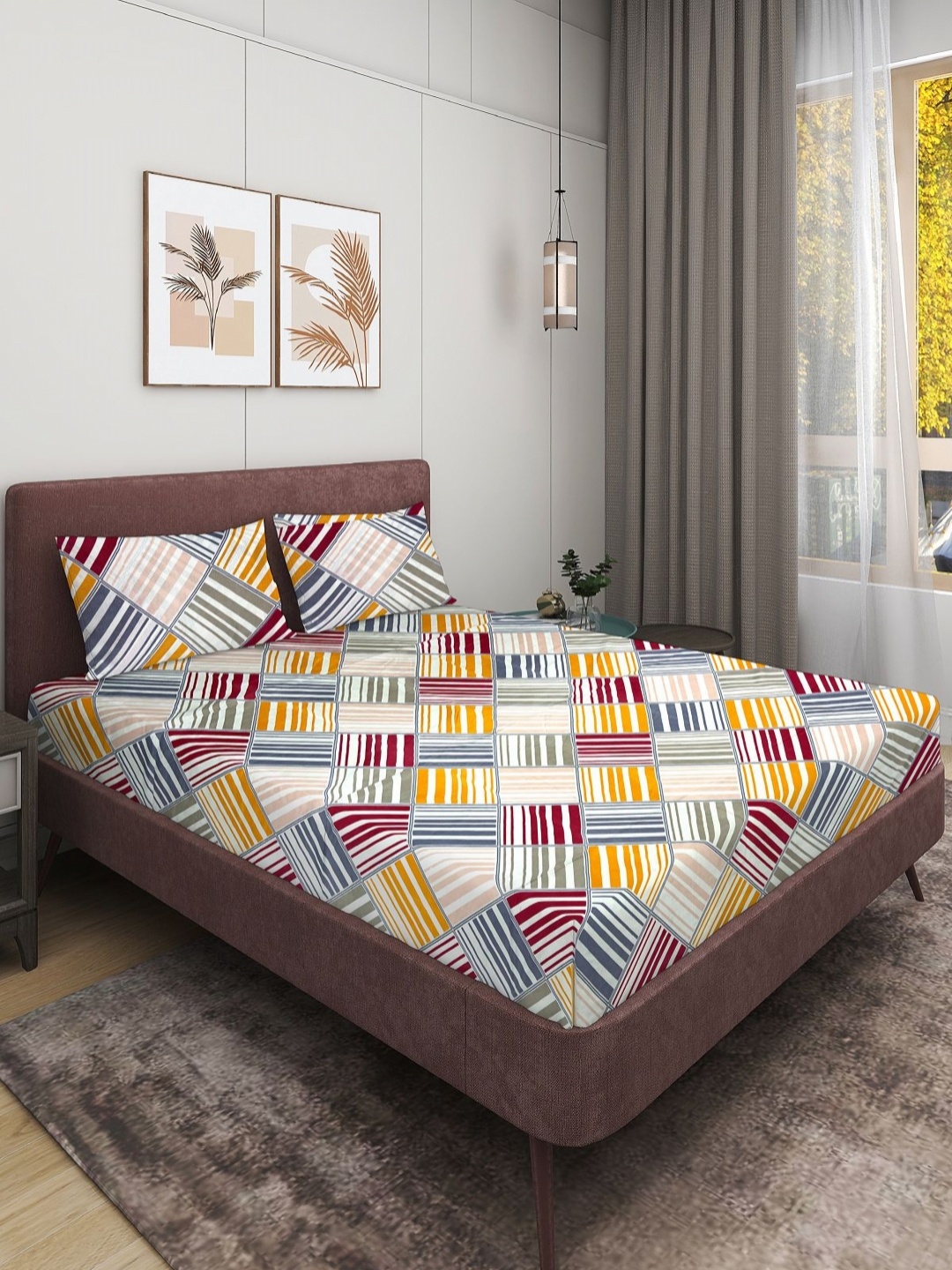 

Aura Red Geometric Printed 160 TC Queen Bedsheet Set 2.29 m x 2.54 m, White