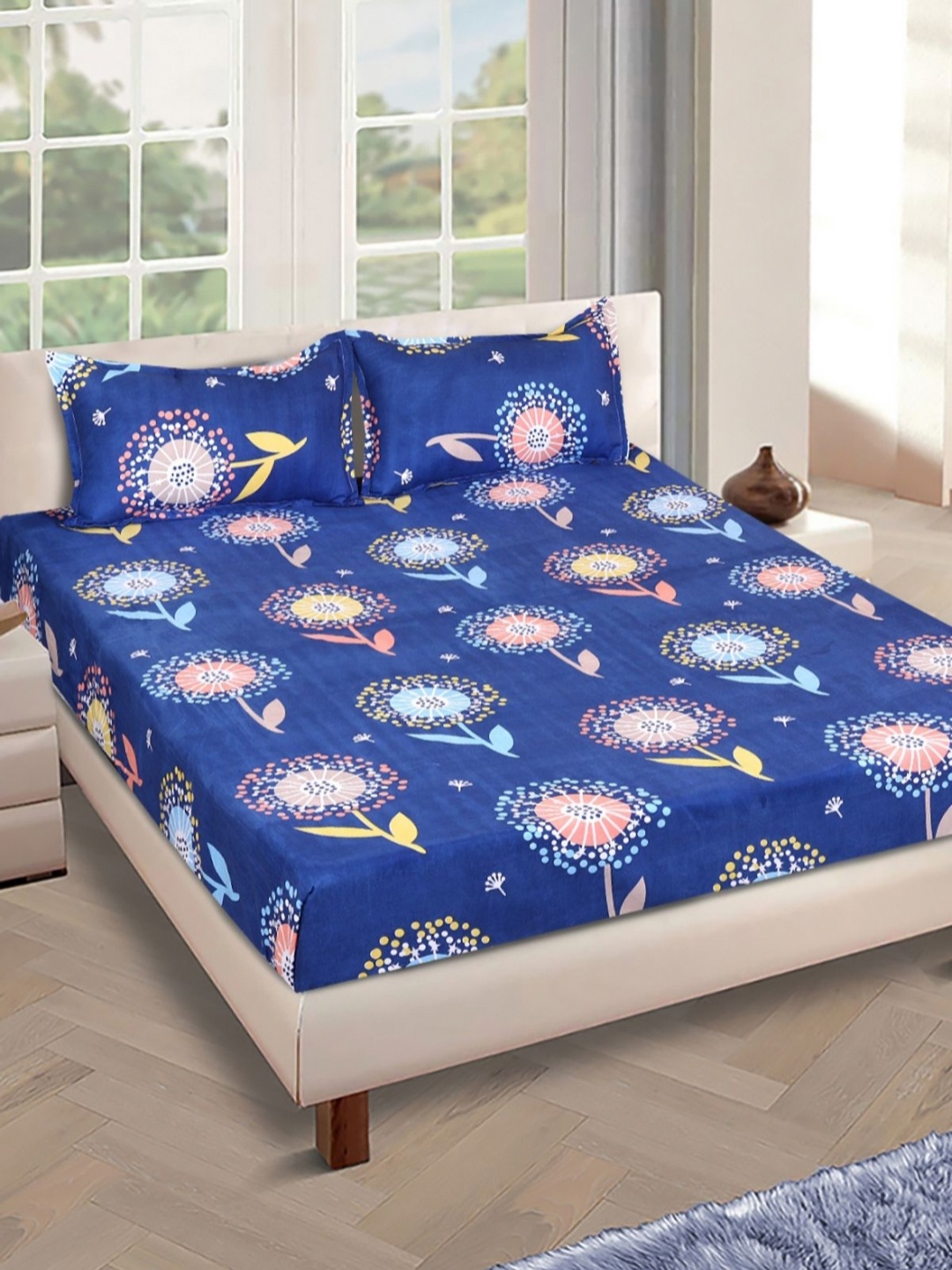 

Aura Blue Floral 160 TC Queen Bedsheet with 2 Pillow Covers