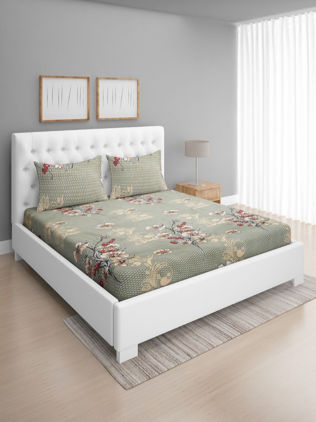 

Aura Green Floral 160 TC Queen Bedsheet with 2 Pillow Covers