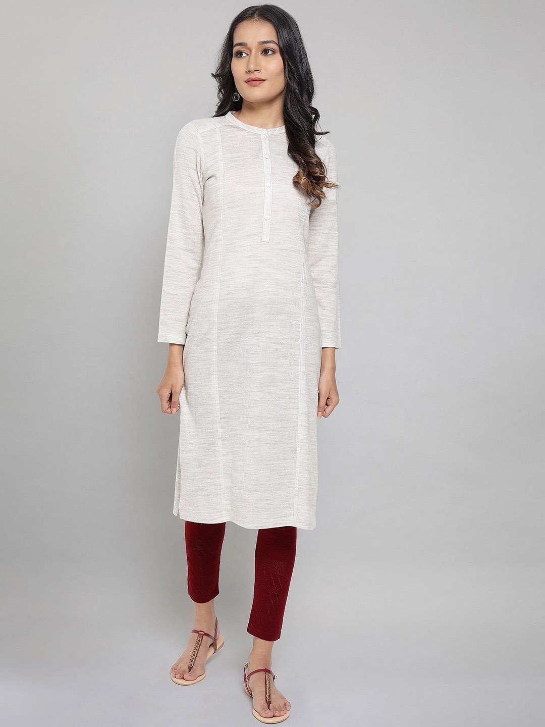 

AURELIA Thread Work Straight Band Collar Winter Kurta, Off white