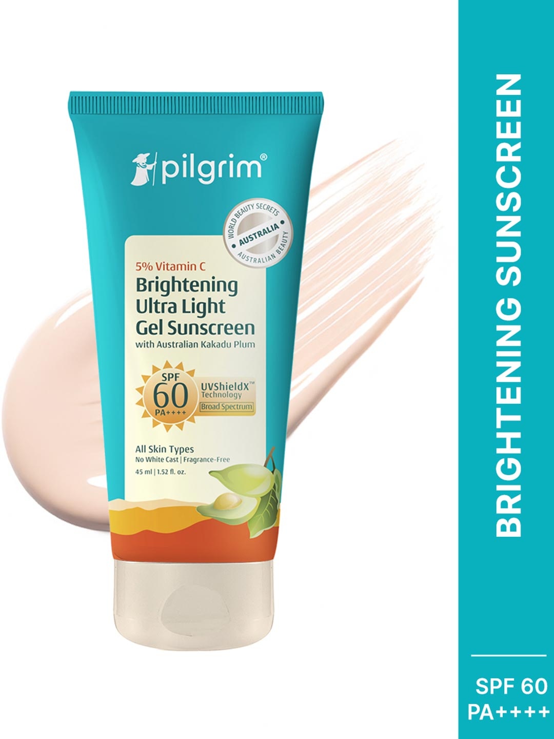 

Pilgrim 5% Vitamin C Brightening Ultra Light Gel Sunscreen SPF 60 PA++++ - 45 ml, Teal