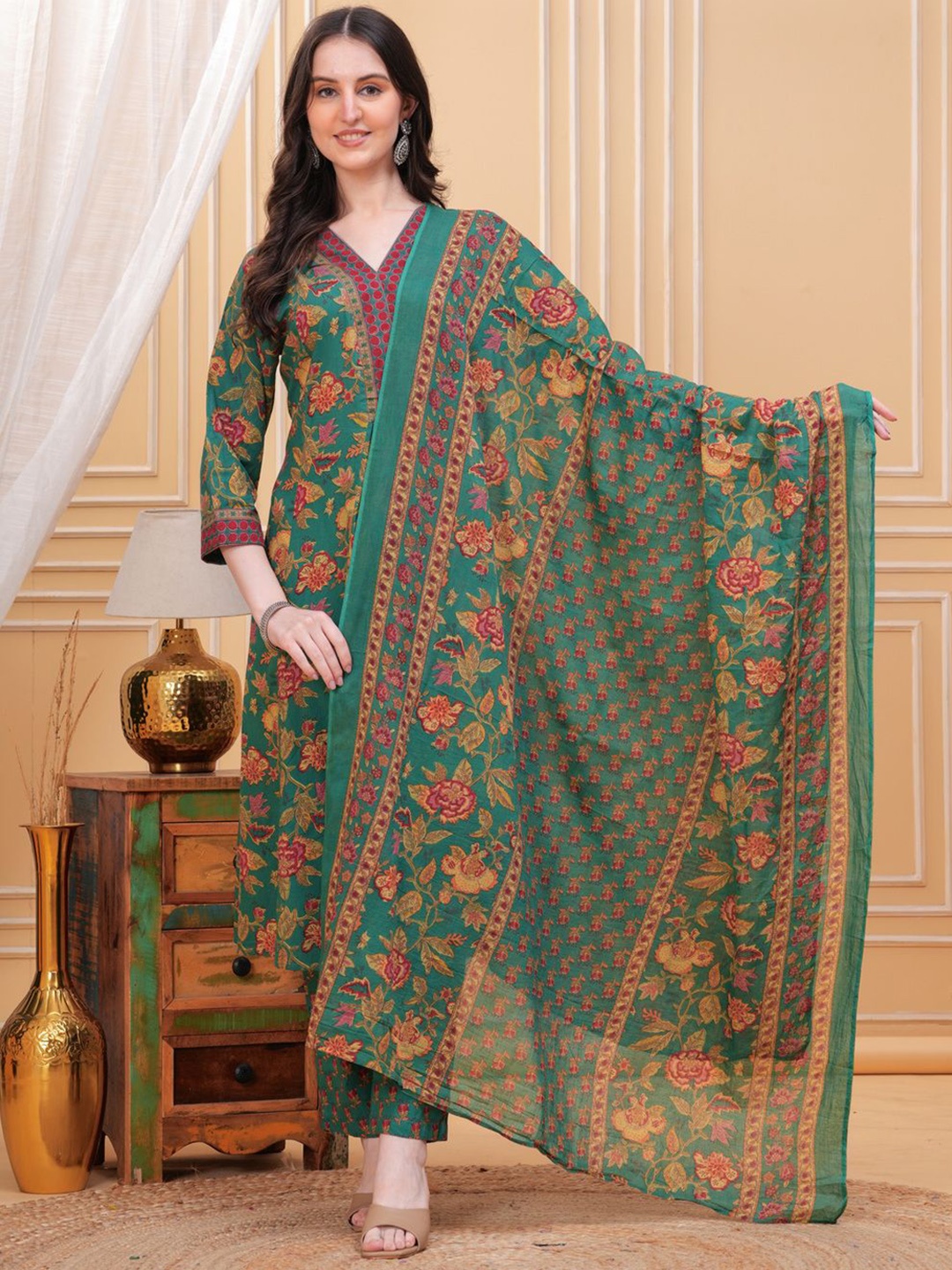 

RIGDOM Floral Printed V-Neck Pure Cotton A-Line Kurta With Trouser & Dupatta, Green