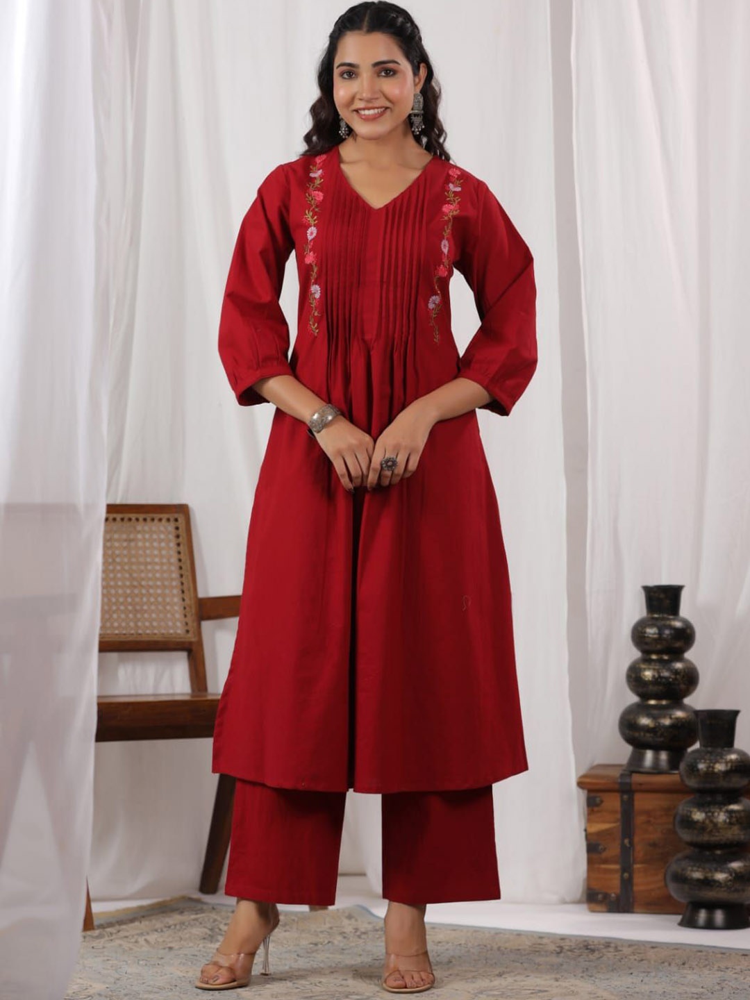 

AUTUMN LANE Floral Embroidered V-Neck A-Line Pure Cotton Kurta With Trousers, Red