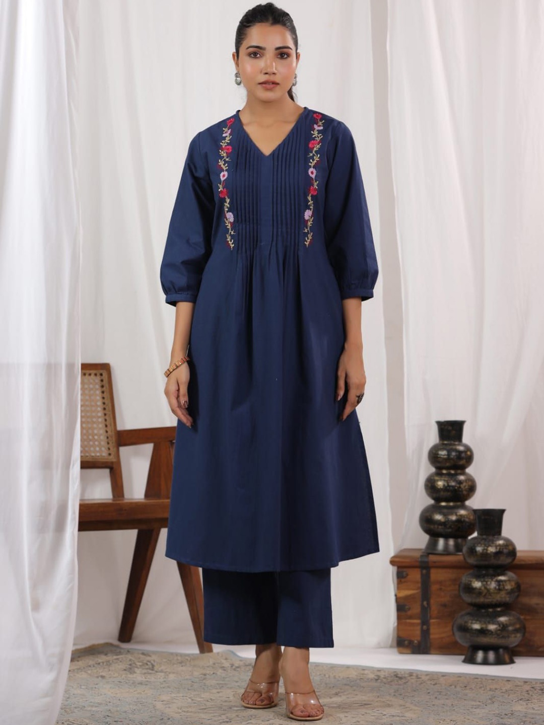 

AUTUMN LANE Floral Embroidered V-Neck A-Line Pure Cotton Kurta With Trousers, Blue