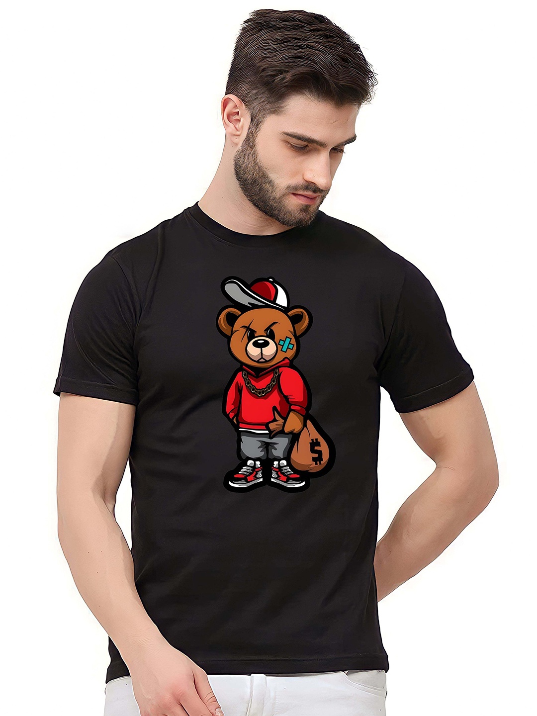 

KAIDO Men Graphic Printed Round Neck Pure Cotton T-shirt, Black