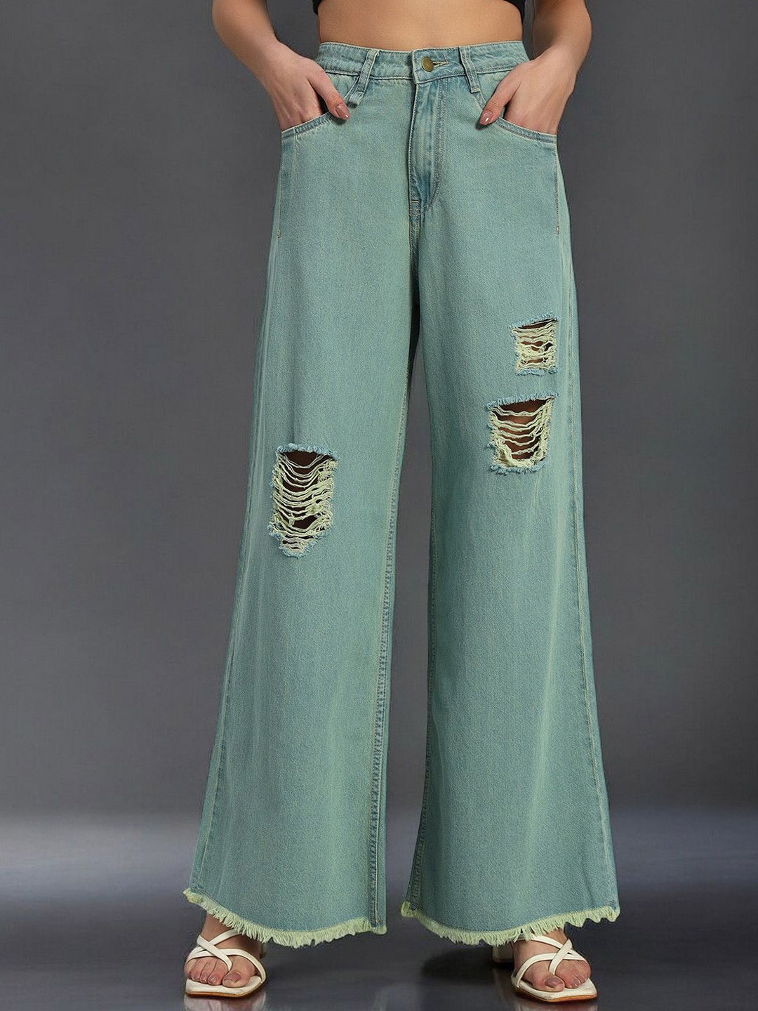 

GUTI Women High-Rise Mildly Distressed Wide Leg Jeans, Sea green