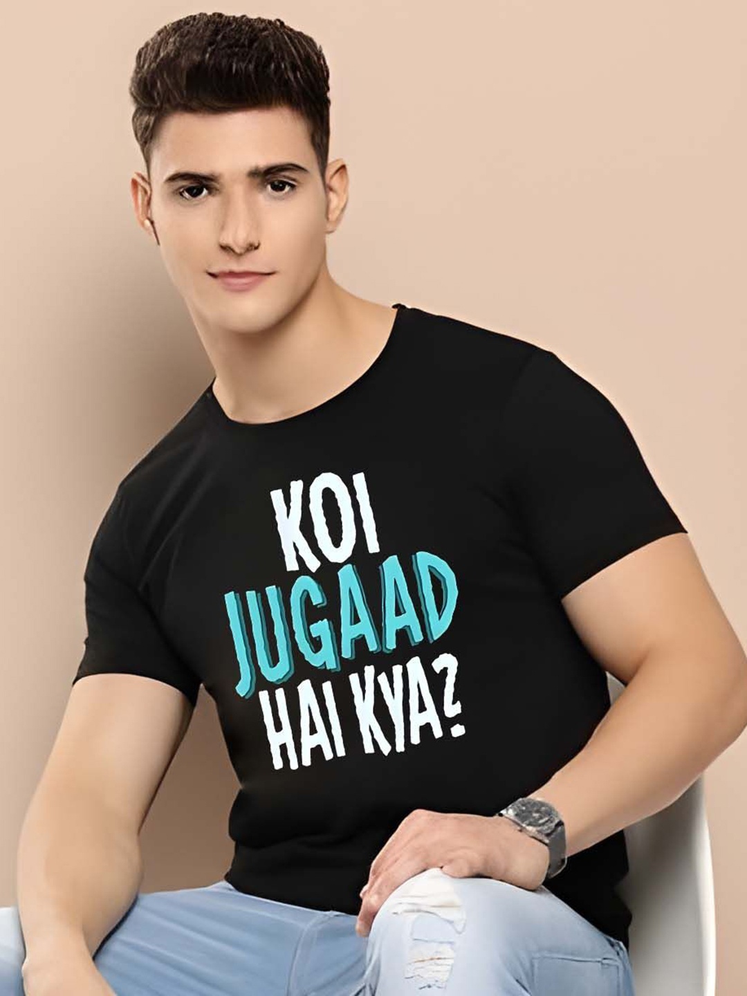 

KAIDO Men Typography Printed Round Neck Cotton T-shirt, Black