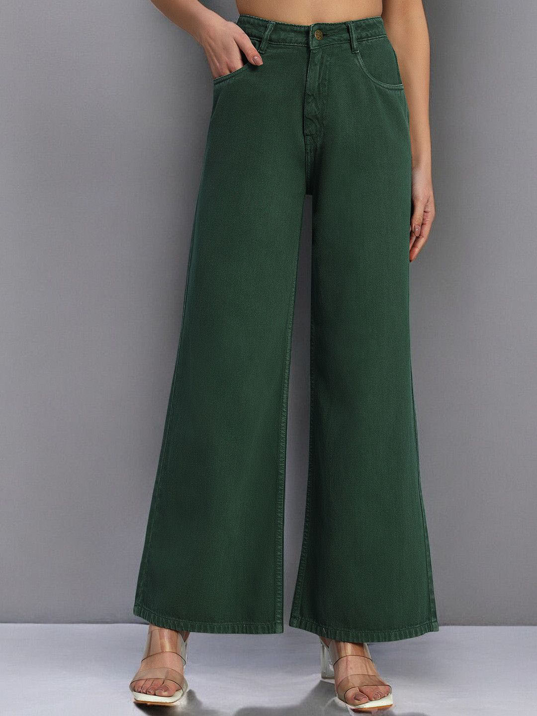 

GUTI Women Wide Leg High-Rise Cotton Jeans, Green