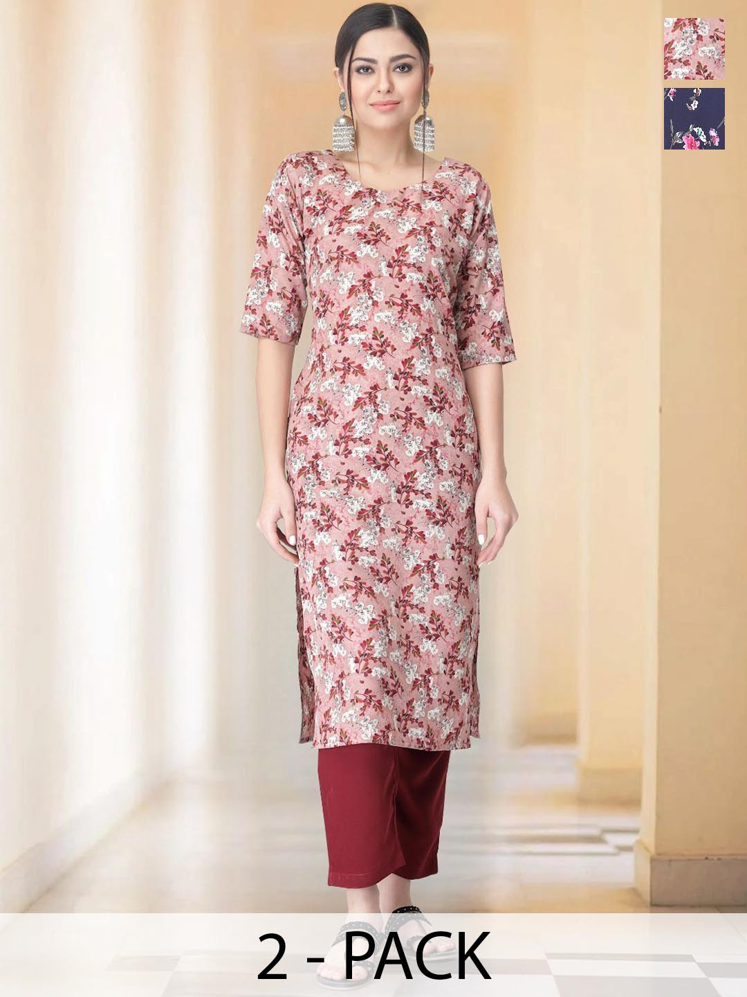 

7Threads Selection Of 2 Floral Printed Round Neck Straight Kurta With Trousers, Red