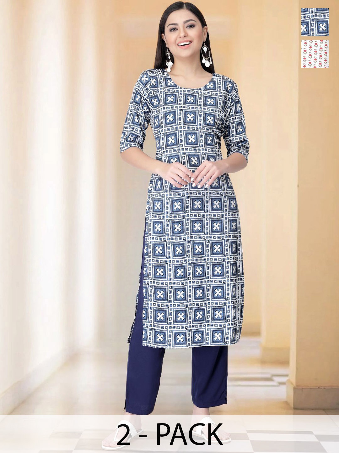 

7Threads Selection Of 2 Geometric Printed Round Neck Straight Kurtas With Trousers, Blue