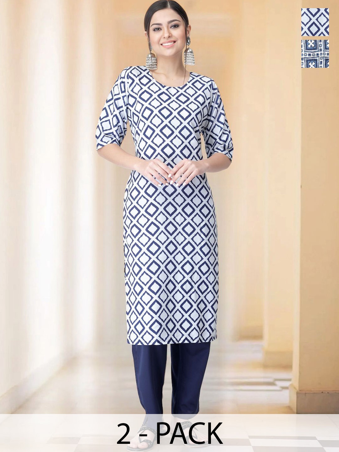 

7Threads Selection Of 2 Geometric Printed Straight Kurtas With Trousers, Blue