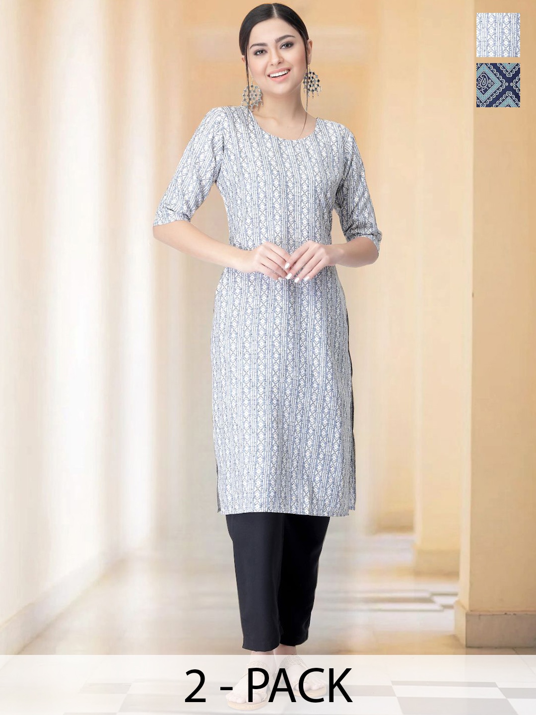 

7Threads Selection Of 2 Geometric Printed Round Neck Straight Kurtas With Trousers, Grey