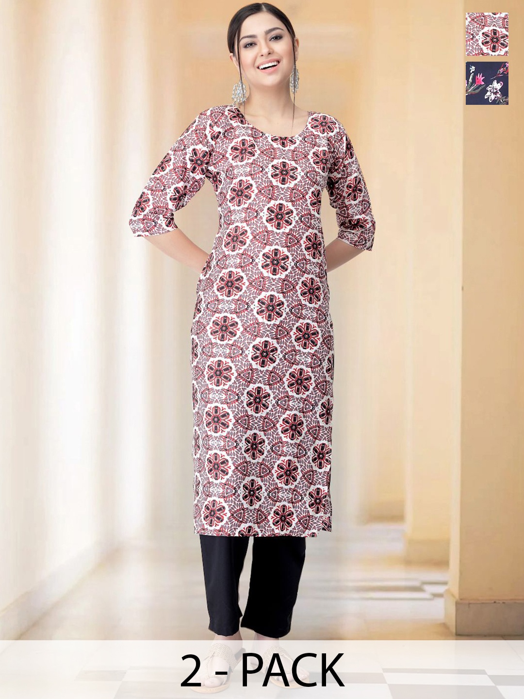 

7Threads Selection of 2 Floral Printed Round Neck Straight Kurtas With Trousers, Pink