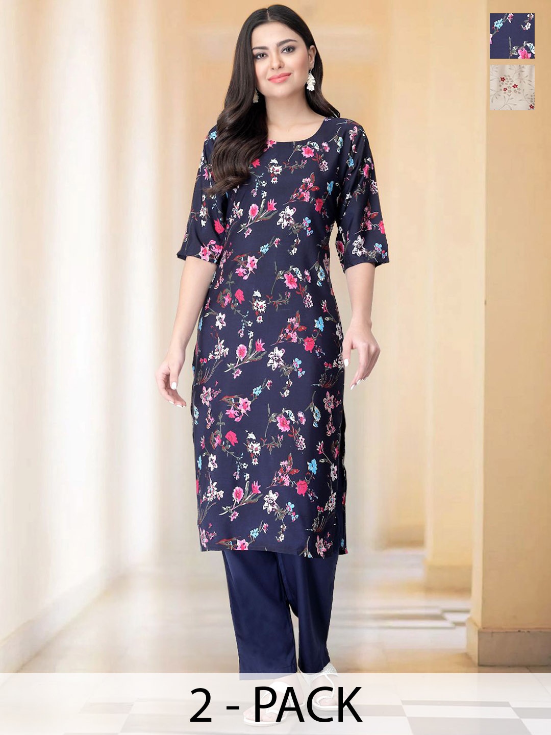 

7Threads Selection Of 2 Floral Printed Round Neck Straight Kurtas With Trousers, Navy blue