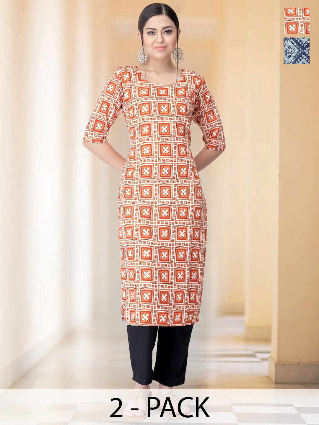 

7Threads Selection of 2 Ethnic Motifs Printed Round Neck Straight Kurtas With Trouser, Brown