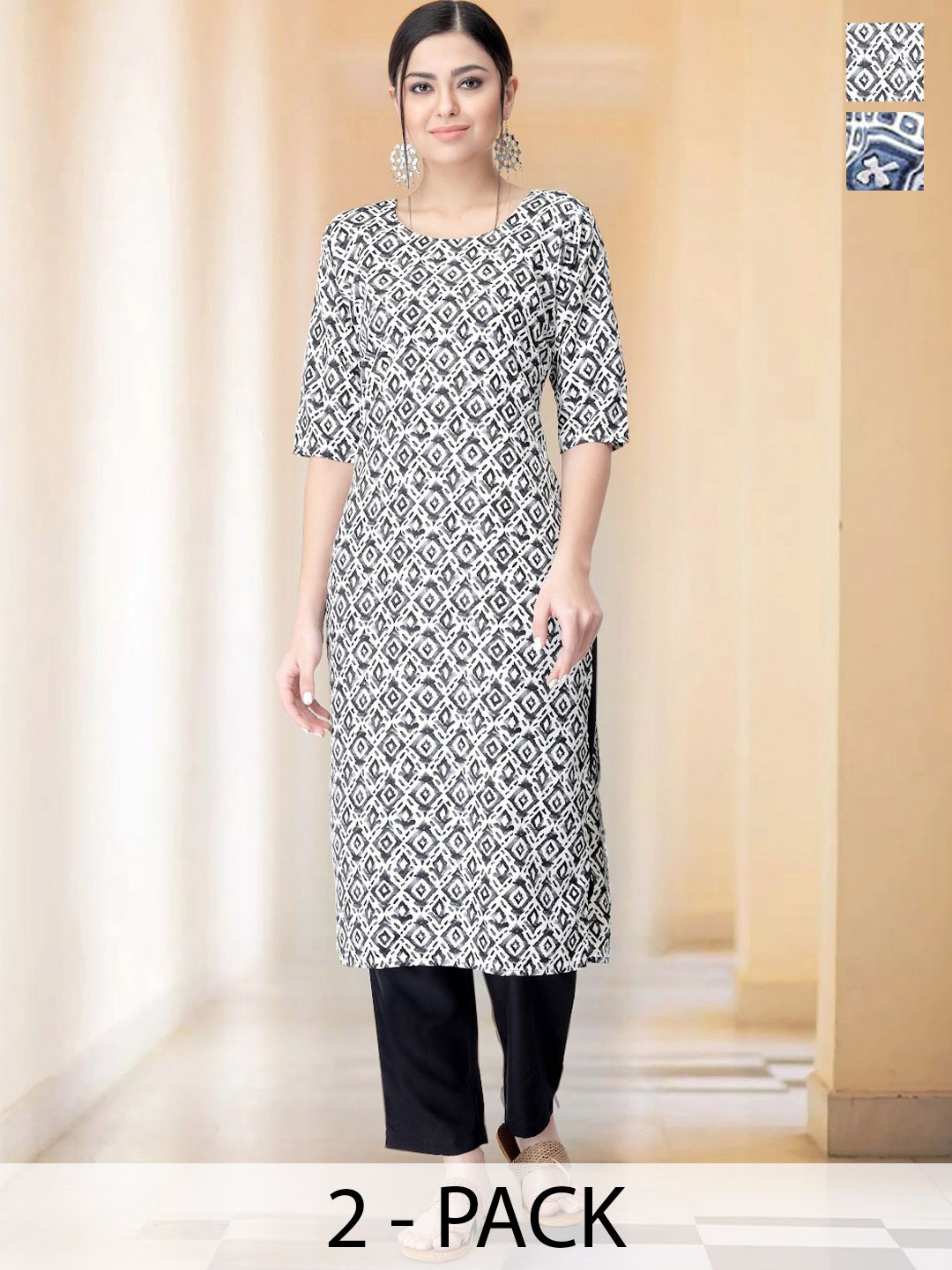 

7Threads Selection Of 2 Geometric Printed Round Neck Straight Kurta With Trousers, Blue