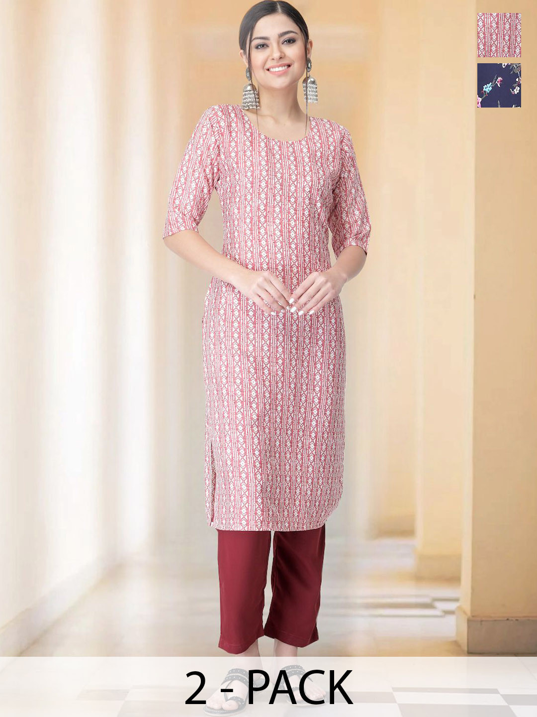 

7Threads Selection Of 2 Ethnic Motifs Printed Round Neck Straight Kurta With Trousers, Red