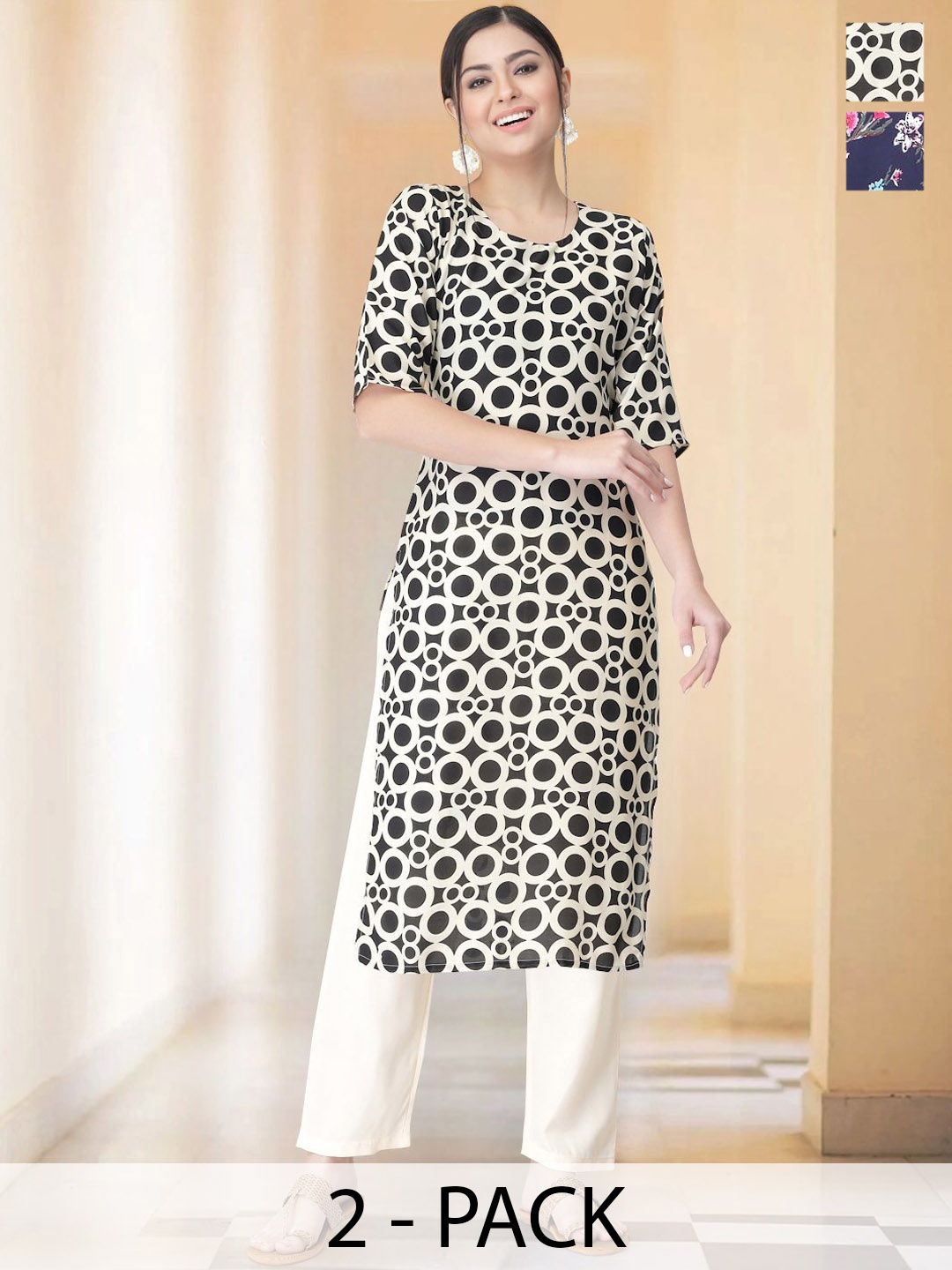 

7Threads Selection Of 2 Geometric Printed Round Neck Straight Kurtas With Trousers, Cream